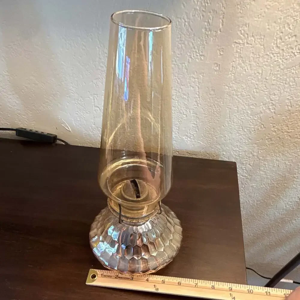 Vintage Amber Faceted Glass Oil Lamp Clear Chimney Hurricane Lamp 10